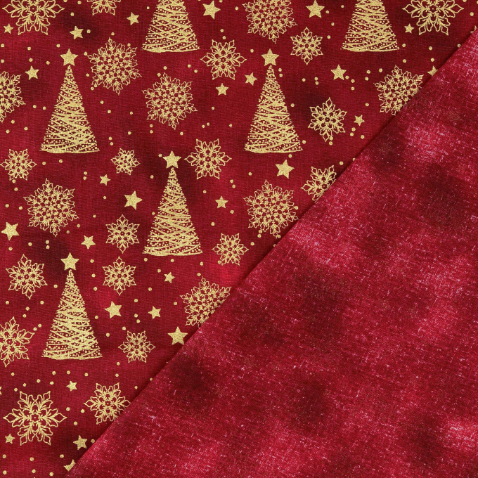Cretonne katoen Golden Christmas Tree, wijnrood