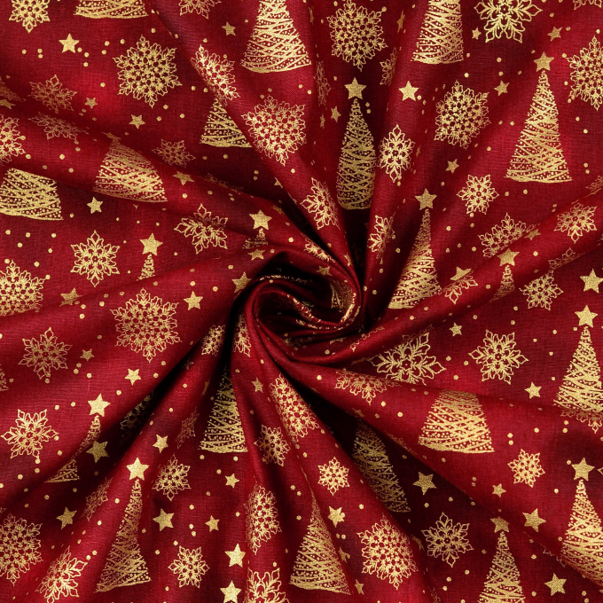 Cretonne katoen Golden Christmas Tree, wijnrood