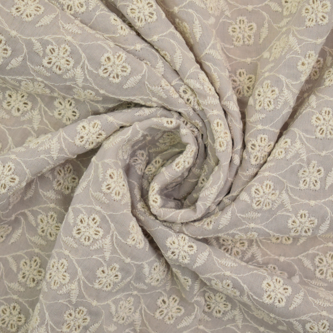 Tissu coton broderie anglaise Fleurs & Feuilles Flowers and leaves, sable