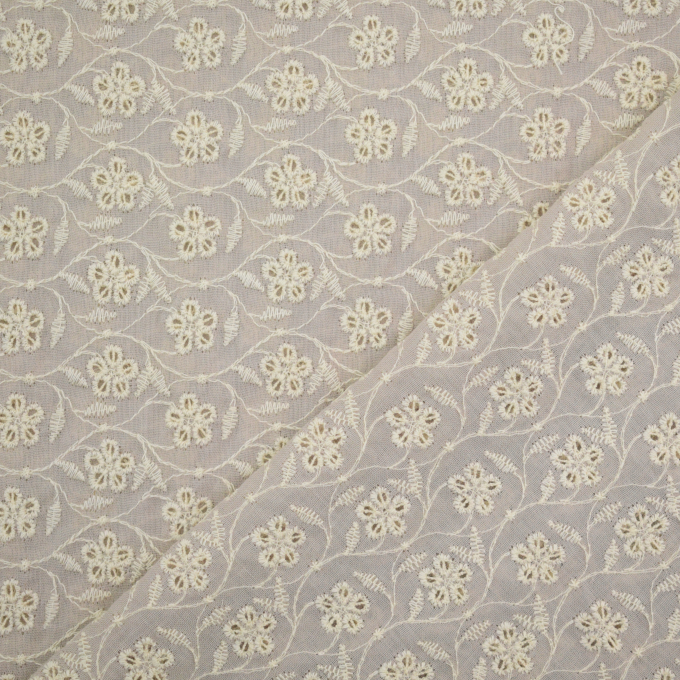 Tissu coton broderie anglaise Fleurs & Feuilles Flowers and leaves, sable