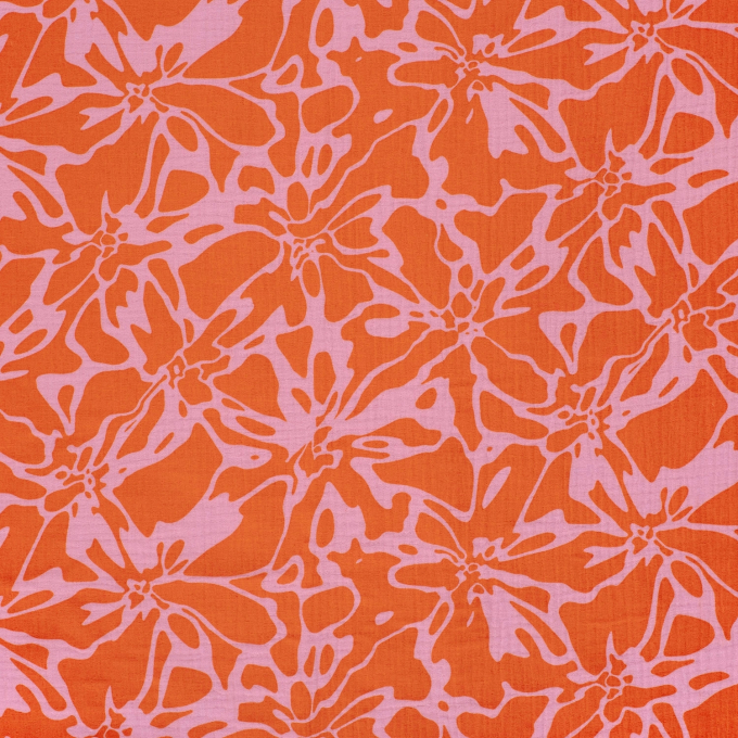Katoenen mousseline double gauze Abstract Flowers, oranje