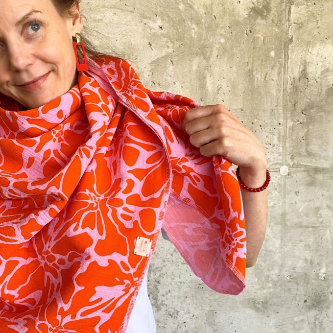 Katoenen mousseline double gauze Abstract Flowers, oranje