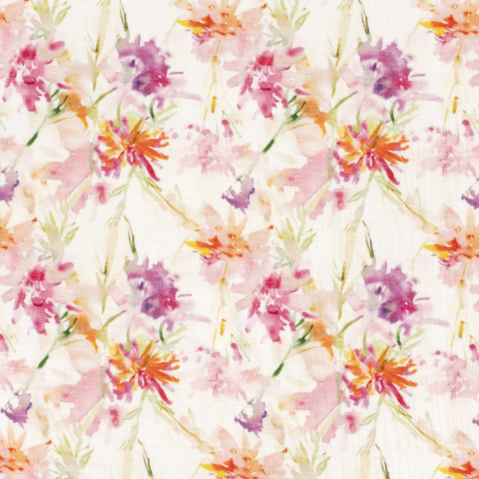 Tissu double gaze de coton Fleurs Aquarell Flowers, blanc cassé