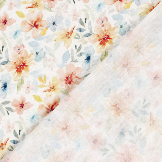 Tissu double gaze de coton Fleurs, blanc