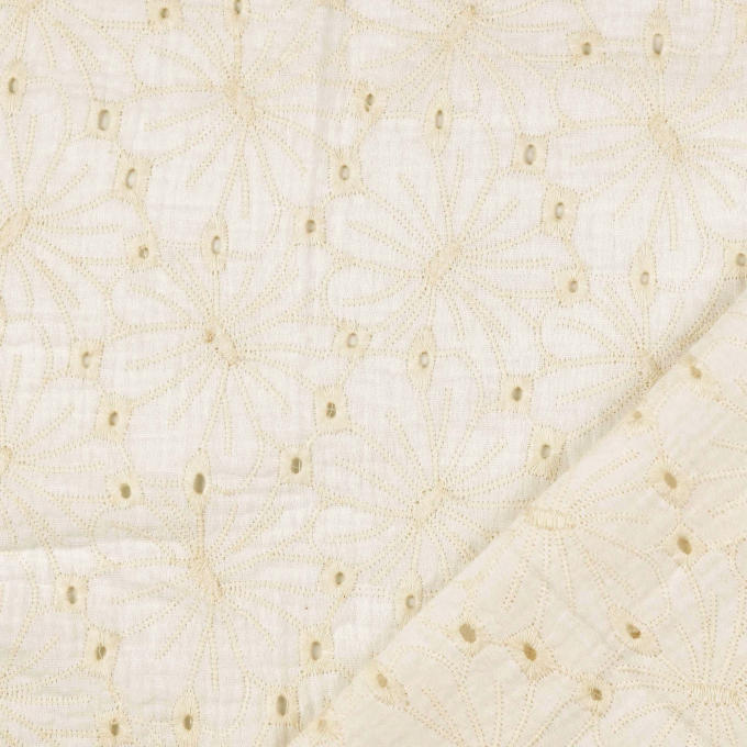 Tissu double gaze de coton Fleurs broderie Lara, blanc cassé