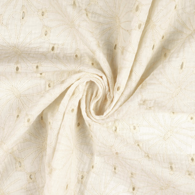 Tissu double gaze de coton Fleurs broderie Lara, blanc cassé