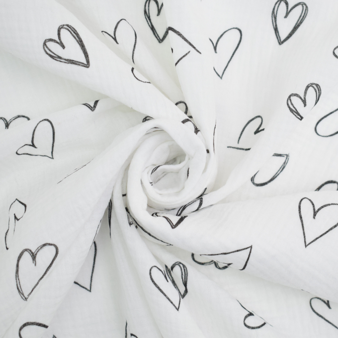Katoenen mousseline Doodle Hearts, gebroken wit