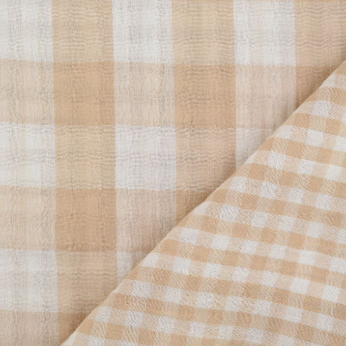 Tissu gaze de coton Vichy à carreaux double face Kiara, beige