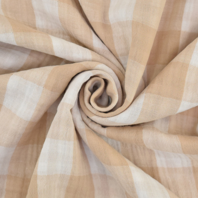 Tissu gaze de coton Vichy à carreaux double face Kiara, beige