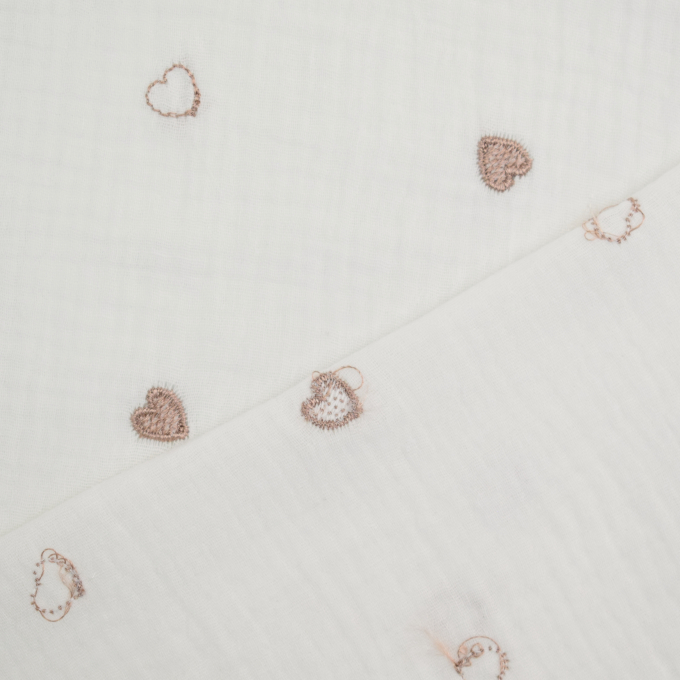 Katoenen mousseline Embroidered Hearts, gebroken wit