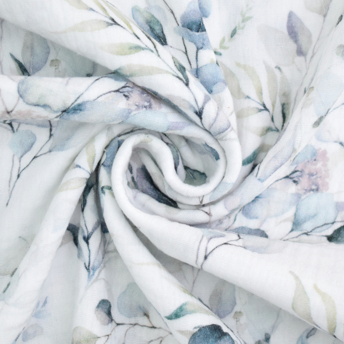 Katoenen mousseline double gauze Eucalyptus Bouquet, wit