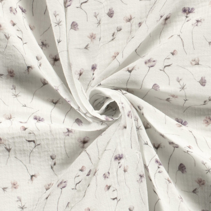 Katoenen mousseline double gauze Flying Flowers, gebroken wit