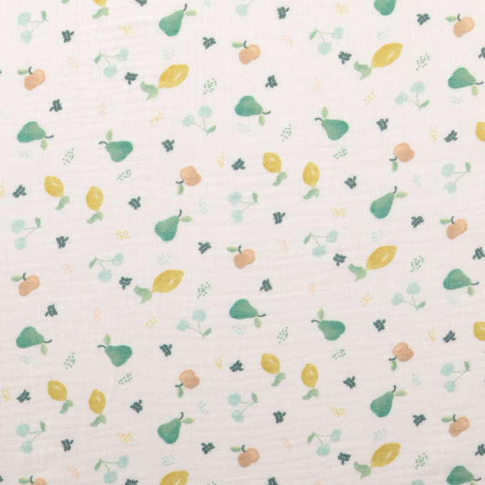 Tissu double gaze de coton Pommes Fruits, vert