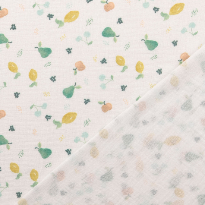 Tissu double gaze de coton Pommes Fruits, vert