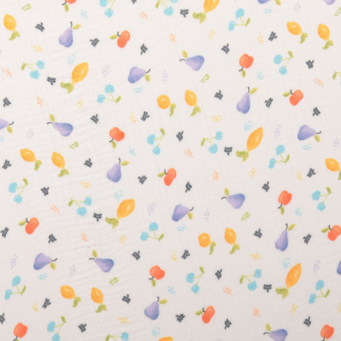 Tissu double gaze de coton Pommes Fruits, multicolore
