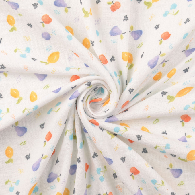Tissu double gaze de coton Pommes Fruits, multicolore