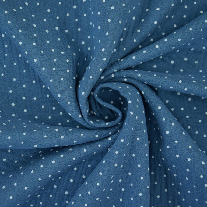 Katoenen mousseline double gauze kleine stippen, blauw