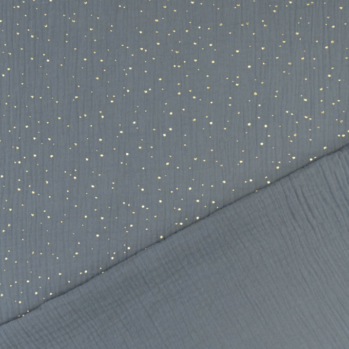 Tissu double gaze de coton, Pois dorés, bleu fumée