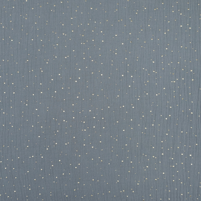 Tissu double gaze de coton, Pois dorés, bleu fumée