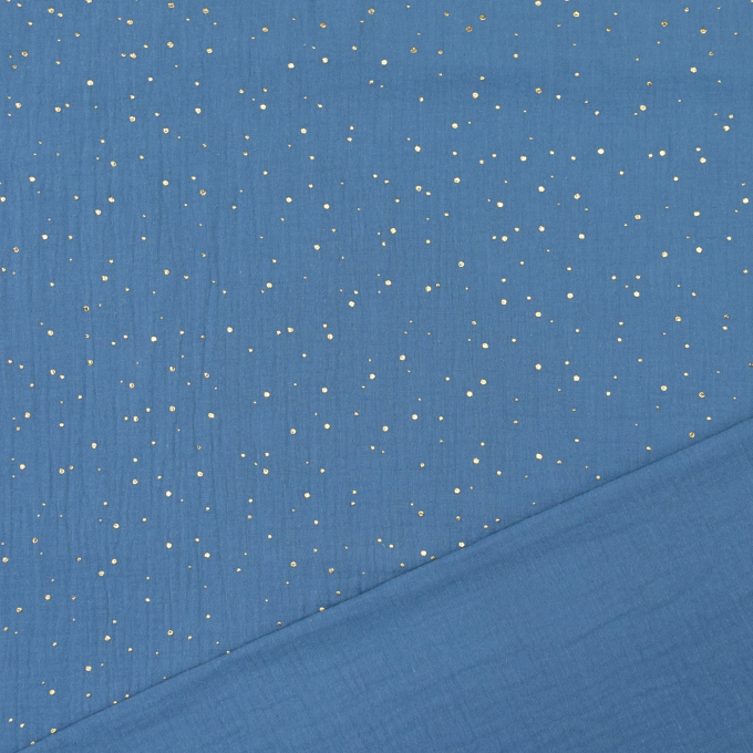 Tissu double gaze de coton, Pois dorés, bleu pigeon