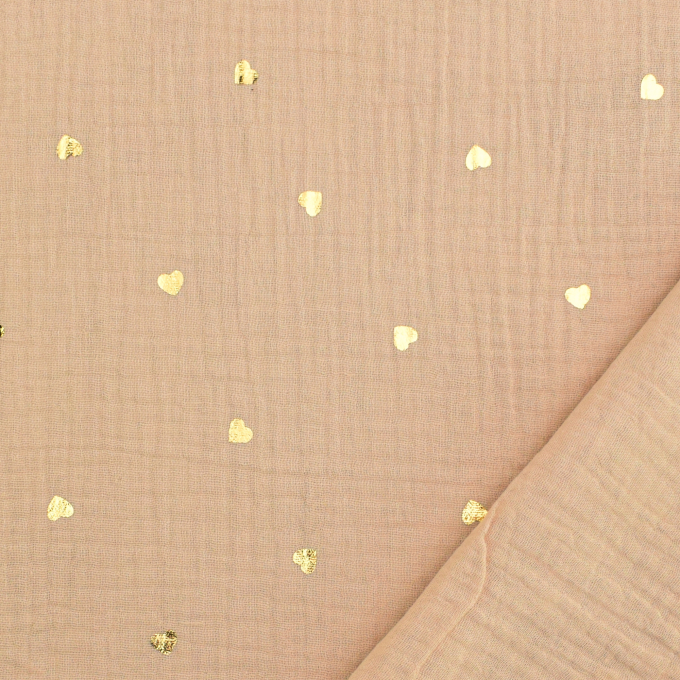Tissu double gaze de coton Coeurs dorés Golden heart, sable