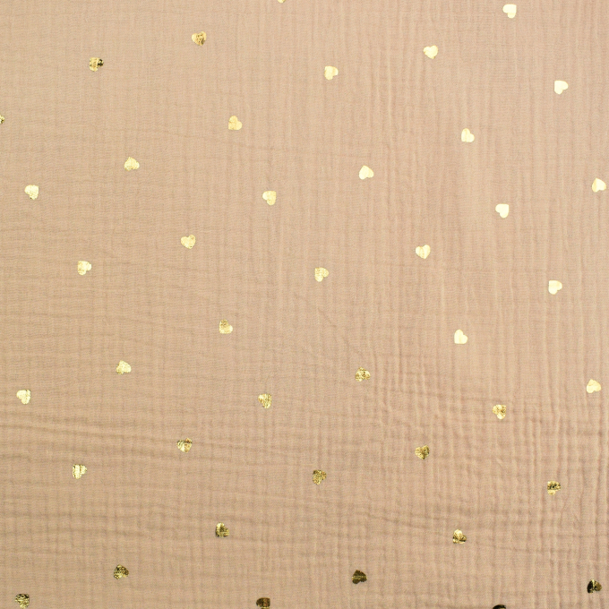 Tissu double gaze de coton Coeurs dorés Golden heart, sable
