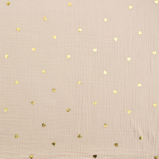 Tissu double gaze de coton Coeurs dorés Golden heart, blanc cassé