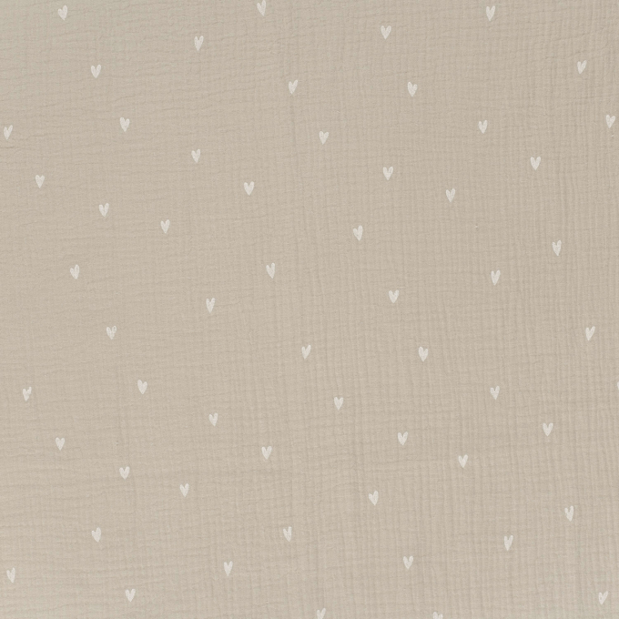 Tissu double gaze de coton Coeurs, beige