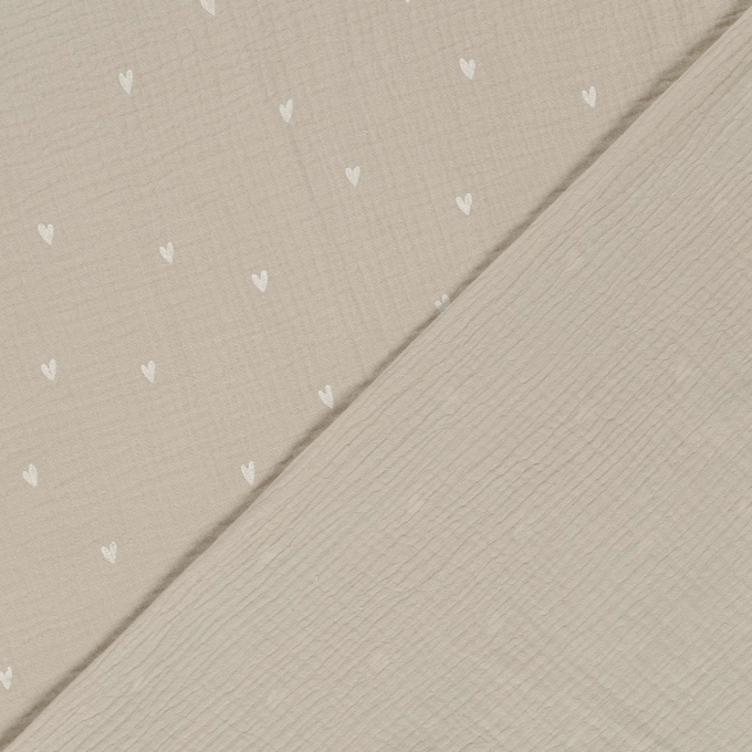 Tissu double gaze de coton Coeurs, beige