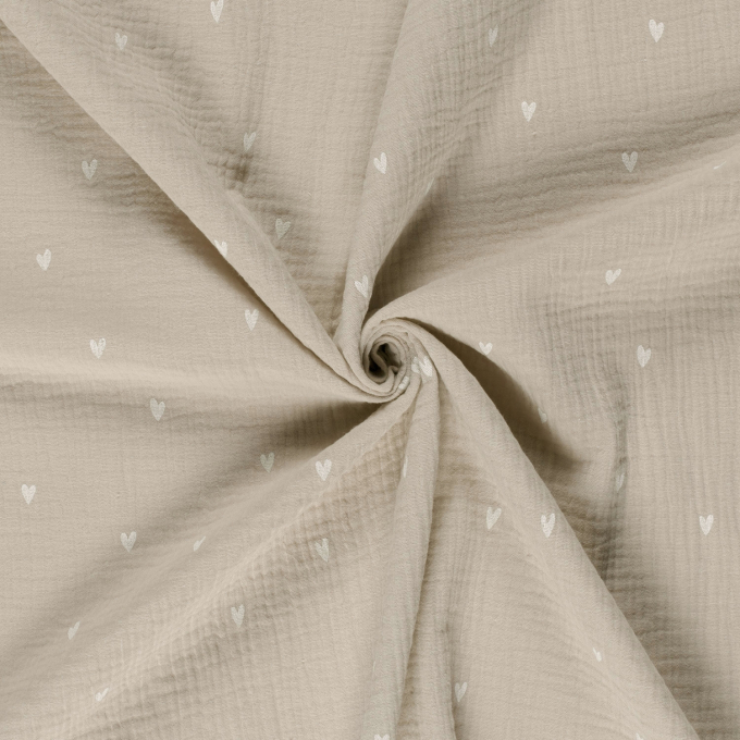 Tissu double gaze de coton Coeurs, beige