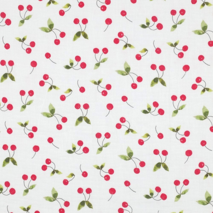 Tissu double gaze de coton cerises, blanc