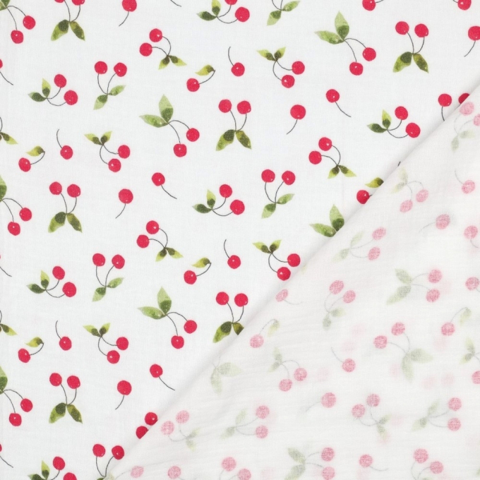 Tissu double gaze de coton cerises, blanc