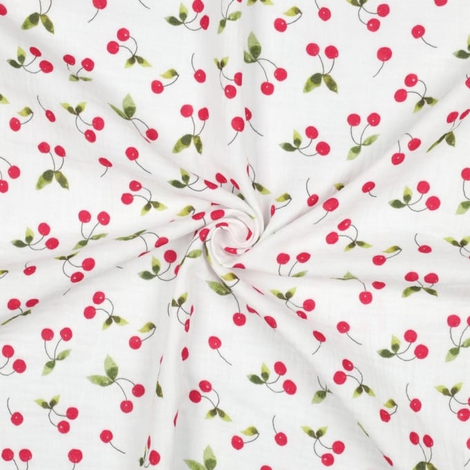 Tissu double gaze de coton cerises, blanc