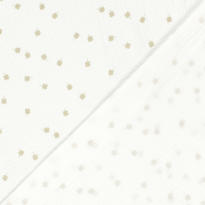 Tissu double gaze de coton Trèfles à quatre feuilles, blanc