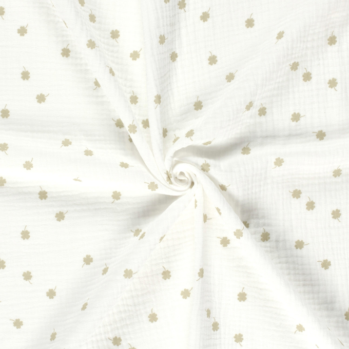 Tissu double gaze de coton Trèfles à quatre feuilles, blanc
