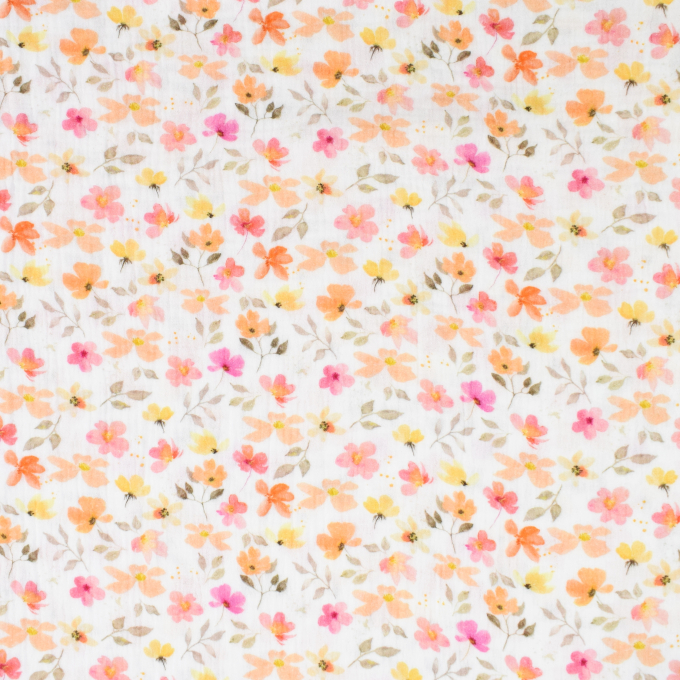 Katoenen mousseline double gauze kleine bloemen, wit