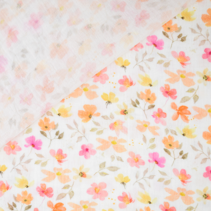 Katoenen mousseline double gauze kleine bloemen, wit