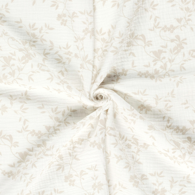 Tissu double gaze de coton Rameaux de feuillage Leafy Vines, blanc