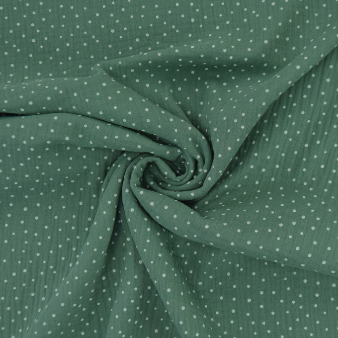Katoenen mousseline double gauze kleine stippen, oudgroen