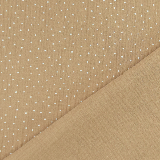 Tissu double gaze de coton à pois, beige