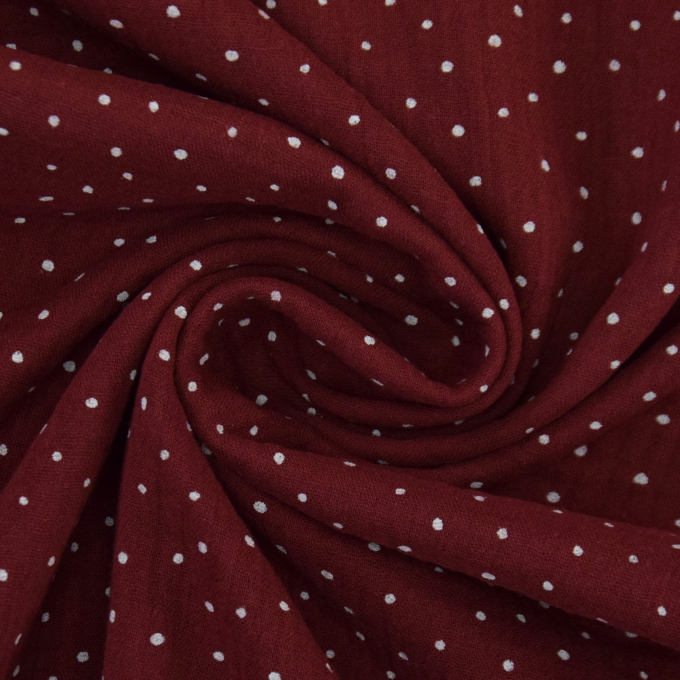 Katoenen mousseline double gauze kleine stippen, bordeauxrood