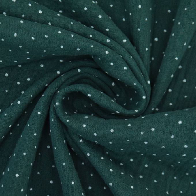 Tissu double gaze de coton à pois, vert foncé
