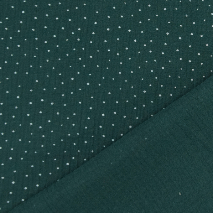 Tissu double gaze de coton à pois, vert foncé