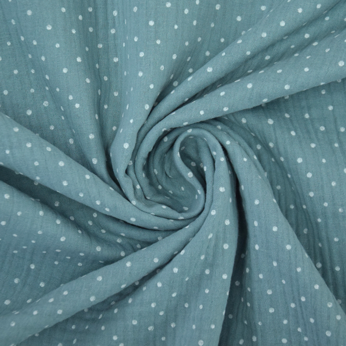 Tissu double gaze de coton à pois, vert gris