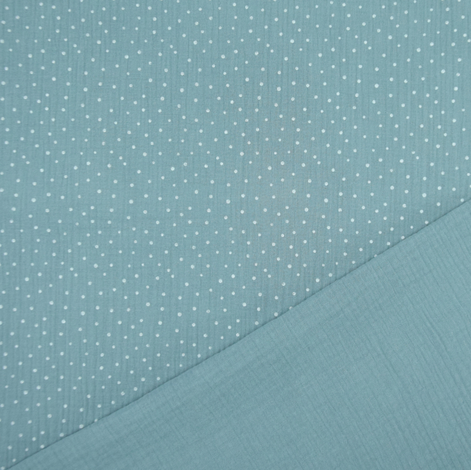 Tissu double gaze de coton à pois, vert gris