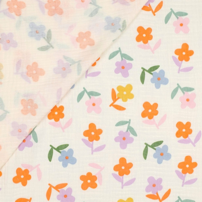 Katoenen mousseline double gauze Lovely Flowers, vanille