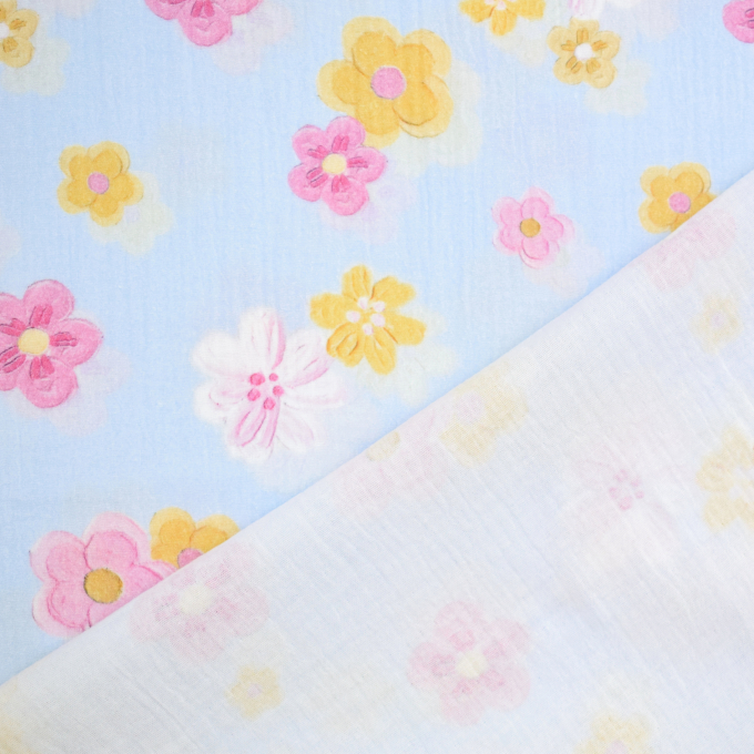 Katoenen mousseline Pastel Flowers, lichtblauw