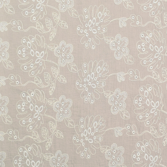 Tissu double gaze de coton broderie Fleurs Big Flowers, beige