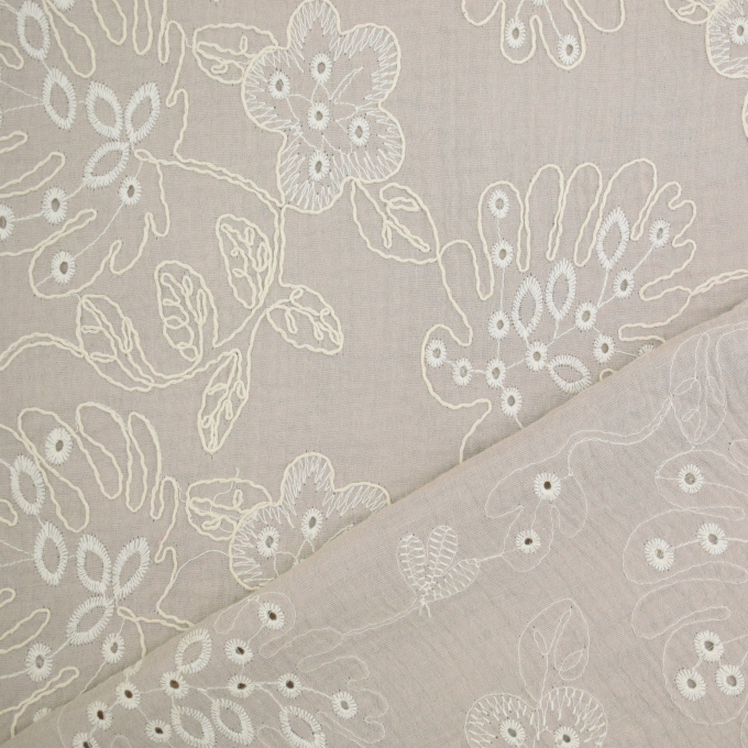 Tissu double gaze de coton broderie Fleurs Big Flowers, beige