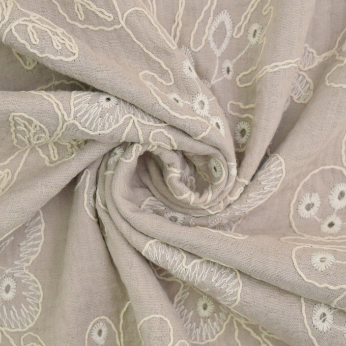 Tissu double gaze de coton broderie Fleurs Big Flowers, beige